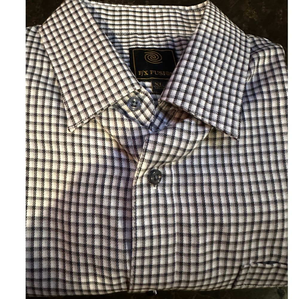 FX Fusion Mens XL Black White Micro Check Long Sleeve Button Down Shirt Pocket